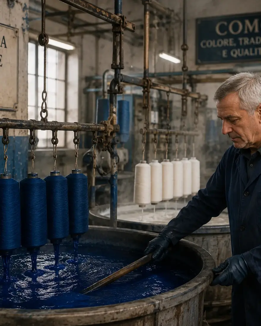 Adriano, maestro tintore SILKinCOM, tinge i filati nelle vasche della tintoria comasca